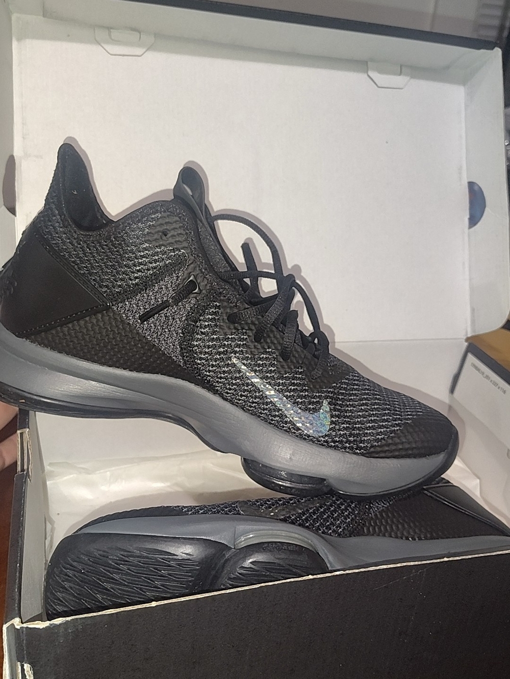 Nike Men’s Black Gray Knit Sneakers with Iridescent Swoosh